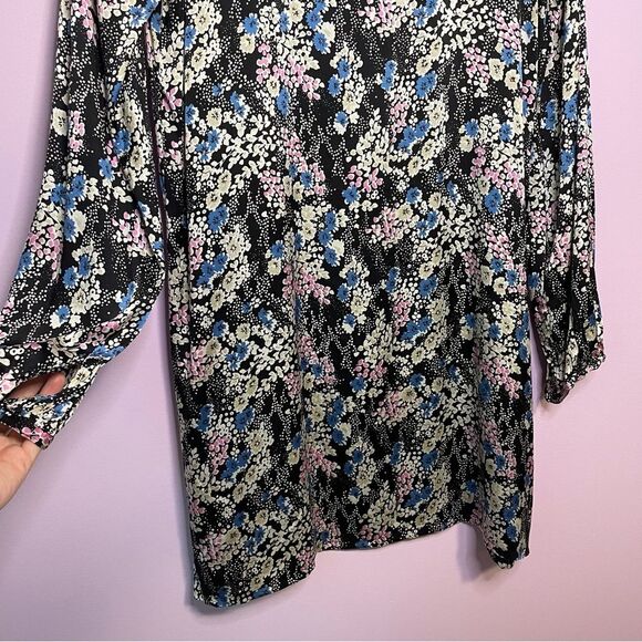 Vintage Express Slip Dress Long Sleeves Black Blue Ditsy Floral Y2K Large - Picture 7 of 8